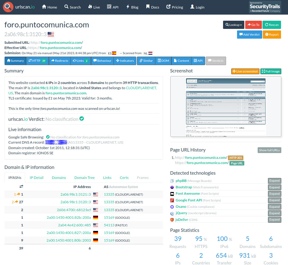 Captura de pantalla del escaneado de este subdominio